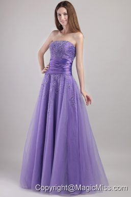 Purple Empire Strapless Floor-length Tulle Beading Prom / Party Dress
