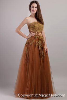 Brown Empire Strapless Floor-length Tulle Appliques Prom Dress