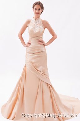 Champagne Mermaid High-neck Court Train Taffeta Embroidery with Beading Prom Dress