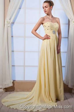 Yellow Empire Sweetheart Brush Train Chiffon Beading Prom Dress