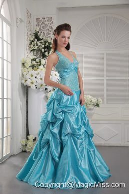 Aqua Blue Princess Halter Floor-length Taffeta Appliques Prom / Graduation Dress