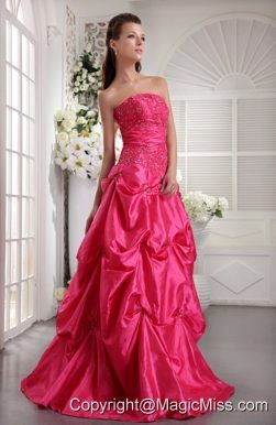 Fuchsia A-line / Princess Strapless Floor-length Taffeta Beading Prom / Evening Dress