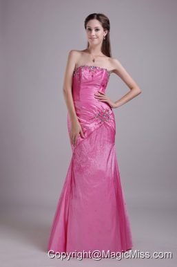 Rose Pink Column/Sheath Strapless Floor-length Taffeta Rhinestone Prom Dress