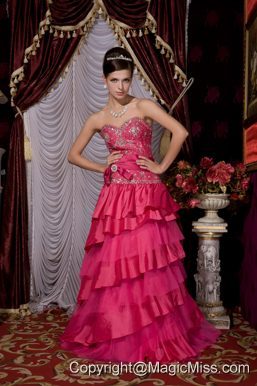 Fuchsia Empire Sweetheart Brush Train Taffeta and Tulle Beading Prom / Evening Dress