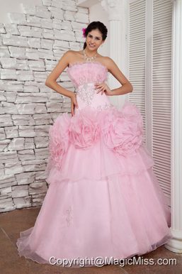 Baby Pink A-line Strapless Floor-length Organza Beading Prom Dress