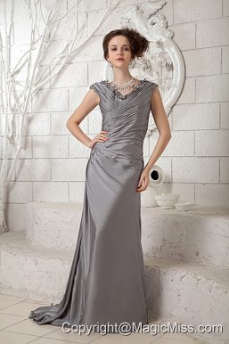 Gray Column V-neck Brush Train Chiffon Ruch Prom Dress