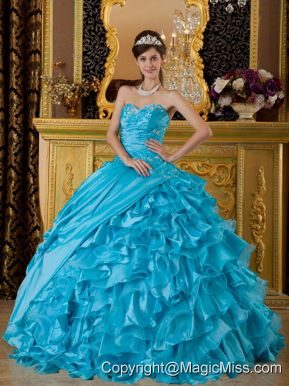 Teal Ball Gown Sweetheart Floor-length Taffeta and Organza Appliques Quinceanera Dress