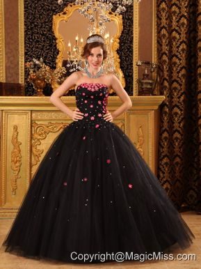 Popular Ball Gown Strapless Floor-length Tulle Appliques Black Quinceanera Dress