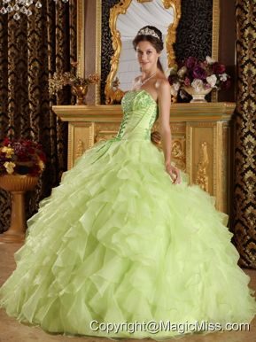 Yellow Green Ball Gown Strapless Floor-length Satin and Organza Embroidery with Beading Quinceanera Dress