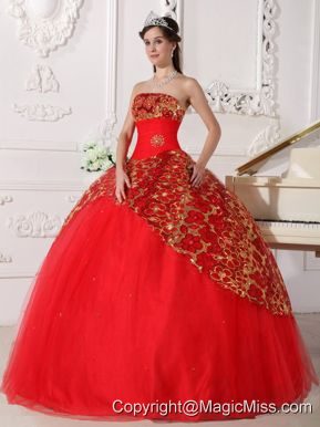 Red Ball Gown Strapless Floor-length Tulle Beading and Ruch Quinceanera Dress
