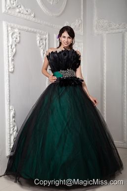 Black and Green Ball Gown Strapless Floor-length Tulle Beading and Feather Quinceanera Dress