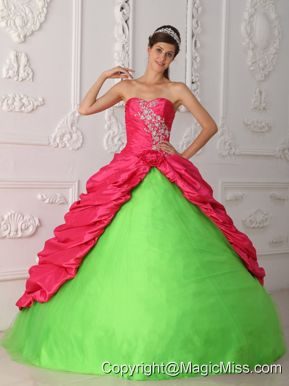 Green and Red Ball Gown Sweetheart Floor-length Taffeta Appliques and Ruch Quinceanera Dress
