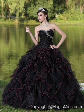 Beaded Decorate Bodice Sweetheart and Black Ball Gown For 2013 Quinceanera Dress Organza Ruffles Layered