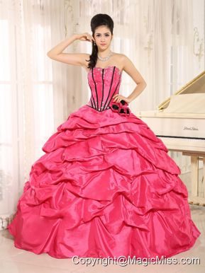 Hot Pink Beaded and Hand Made Flowers Quinceanera Dress With Pick-ups For Custom Made In Kapaa City Hawaii