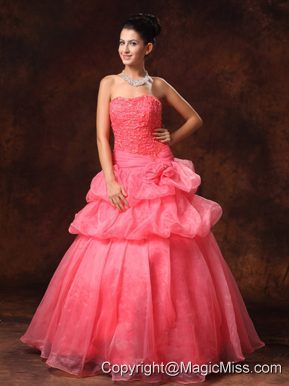 Watermelon Red Hand Made Flowers And Appliques A-line Strapless Organza 2013 New Arrival Prom Gowns For Custom Made