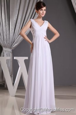 White V-neck Beading and Ruch For Prom Dress