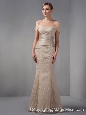 Champagne Mermaid Off The Shoulder Floor-length Lace Beading Prom Dress