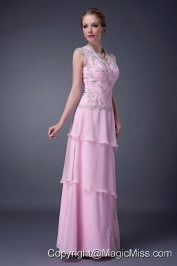 Customize Baby Pink Empire V-neck Mother Of The Bride Dress Chiffon Floor-length Appliques