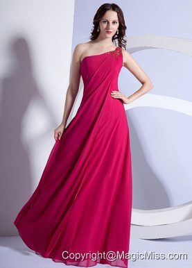 Empire Beading One Shoulder Prom Dress Hot Pink Floor-length Chiffon