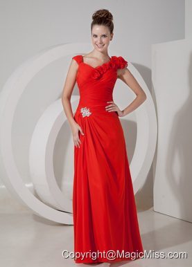 Luxurious Red Empire V-neck Floor-length Chiffon Appliques Evening Dress