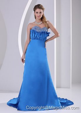 Sky Blue A-line Sweetheart Beaded Prom / Evening Dress With Court Train Satin