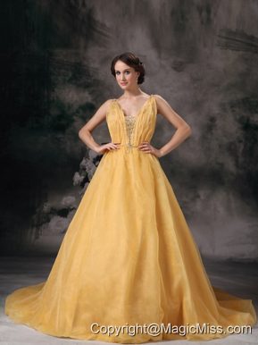 Yellow A-line V-neck Brush Train Organza Beading Prom / Evening Dress