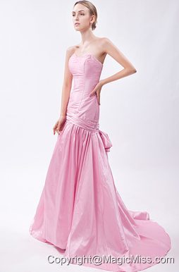 Pink Mermaid Sweetheart Brush Train Taffeta Beading Prom Dress