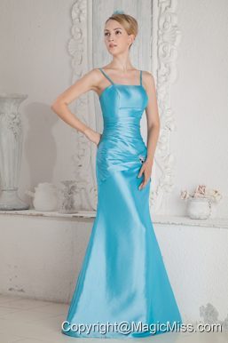 Aqua Blue Column Straps Beading and Ruch Prom Dress Floor-length Satin