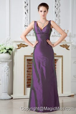 Purple Column V-neck Ruch Prom Dress Floor-length Taffeta
