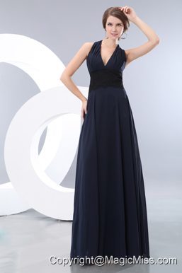 Elegant Navy Blue Empire Halter Lace Prom Dress Floor-length Chiffon