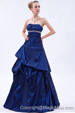 Blue A-line Strapless Floor-length Taffeta Beading and Ruch Prom Dress