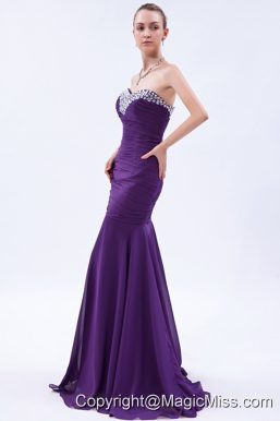 Purple Mermaid Sweetheart Brush Train Chiffon Beading and Ruch Prom Dress