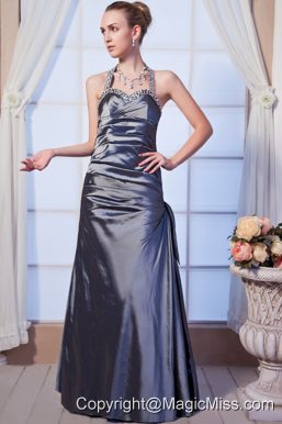 Gray Column Halter Floor-length Taffeta Beading Prom Dress