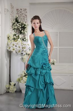 Teal Princess Straps Floor-length Taffeta Beading and Ruch Prom / Graduation Dress