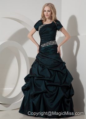 Dark Green A-line Scoop Floor-length Taffeta Beading Prom Dress