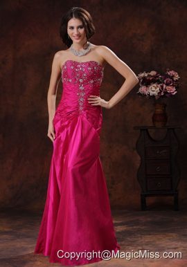 Anniston Alabama Lace-up Hot Pink Prom Dress With Beaded Decorate On Taffeta