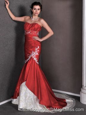 Red Mermaid Sweetheart Court Train Taffeta and Lace Appliques and Ruch Prom Dress