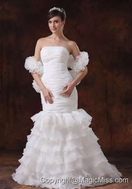 Mermaid Organza White Ruch Wedding Dress With Ruffles Layers