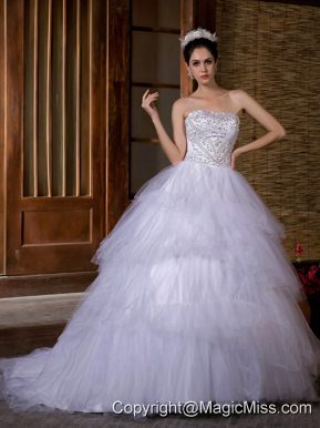 Beautiful Ball Gown Strapless Chapel Train Taffeta and Organza Beading Wedding Dress
