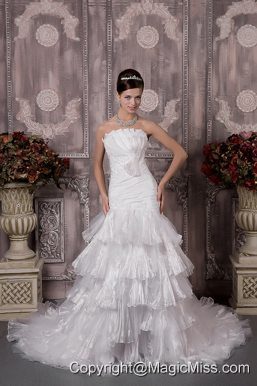 Inexpensive Mermaid Strapless Court Train Organza Appliques and Ruch Wedding Dress