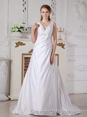 Affordable A-line V-neck Court Train Taffeta Hand Made Flowers Wedding Dress