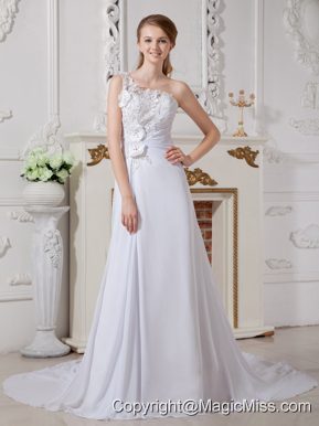 Lovely A-line High-neck Court Train Lace and Chiffon Bowknot Wedding Dress