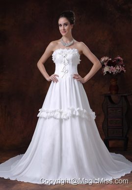 A-Line Chiffon Strapless Chapel Train Romantic Wedding Dress Ruffles