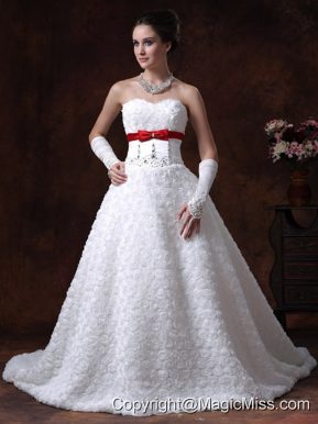 Rolling Flower Sweetheart Wedding Dress A-Line Bowknot Brush With Beading