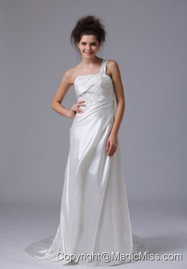 Elegant One Shoulder Column Beading Taffeta Court Train Wedding Dress