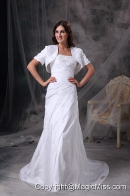White Column Strapless Court TrainTaffeta Appliques and Ruch Wedding Dress