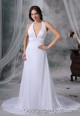 Newton Iowa Halter Top Beaded Decorate Wasit Court Train Chiffon Sexy Style Wedding Dress For 2013