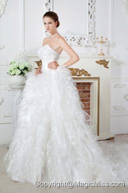 Discount A-line Sweetheart Chapel Train Satin Feather Ruch and Beading Wedding Dress