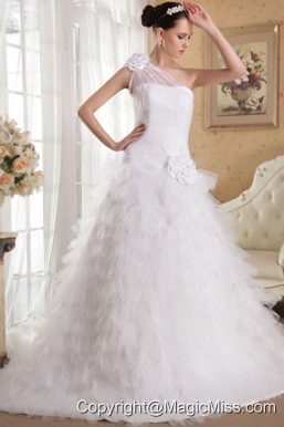 White A-line One Shoulder Chapel Train Satin and Organza Ruffles and Hand Made Flowers Wedding Dress