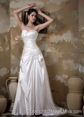 Elegant A-line Sweetheart Court Train Elastic Wove Satin Appliques Ruch Wedding Dress